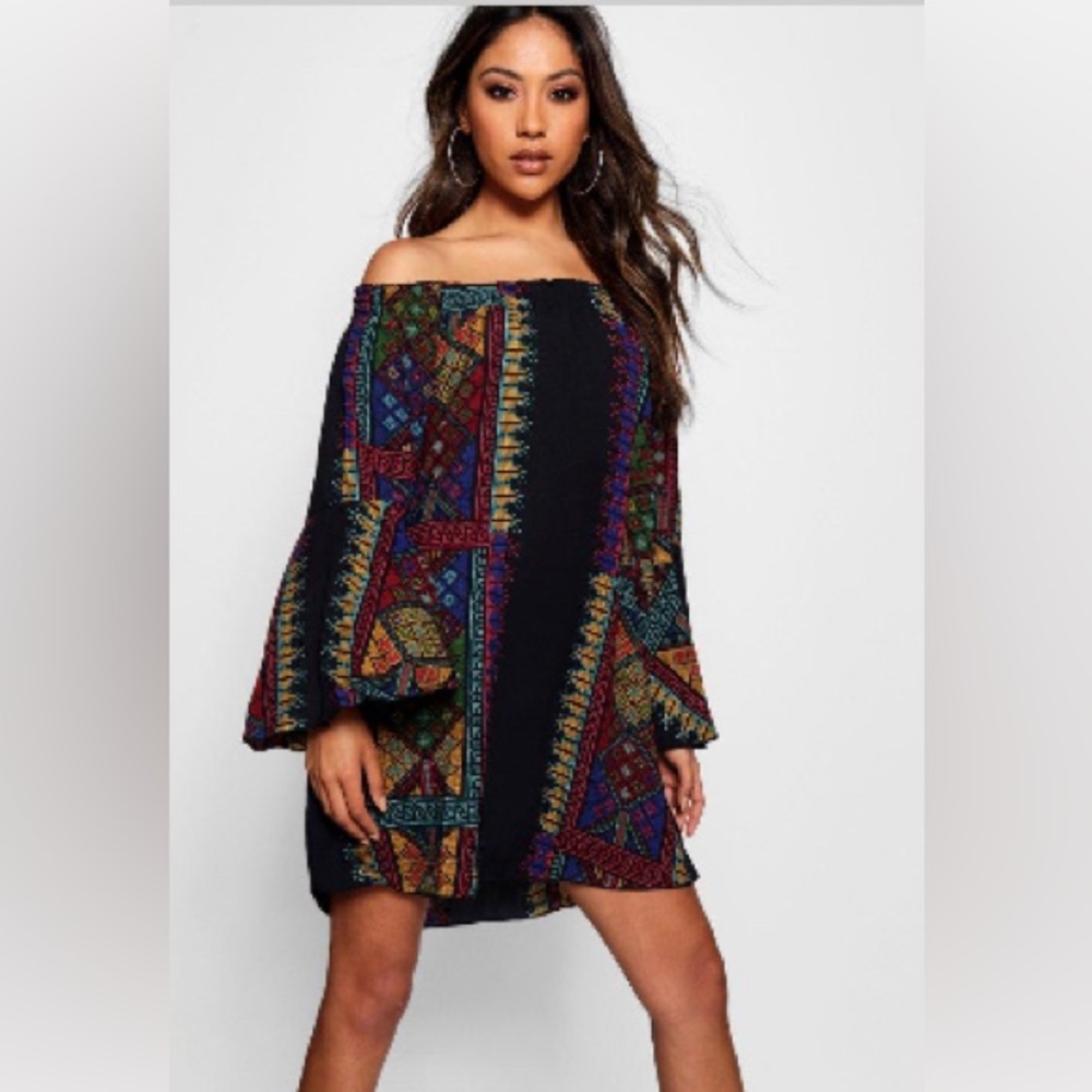 Casey Panel print off the shoulder shift dress